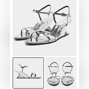 NWOT Zara Silver Metallic Wedge Sandals 39